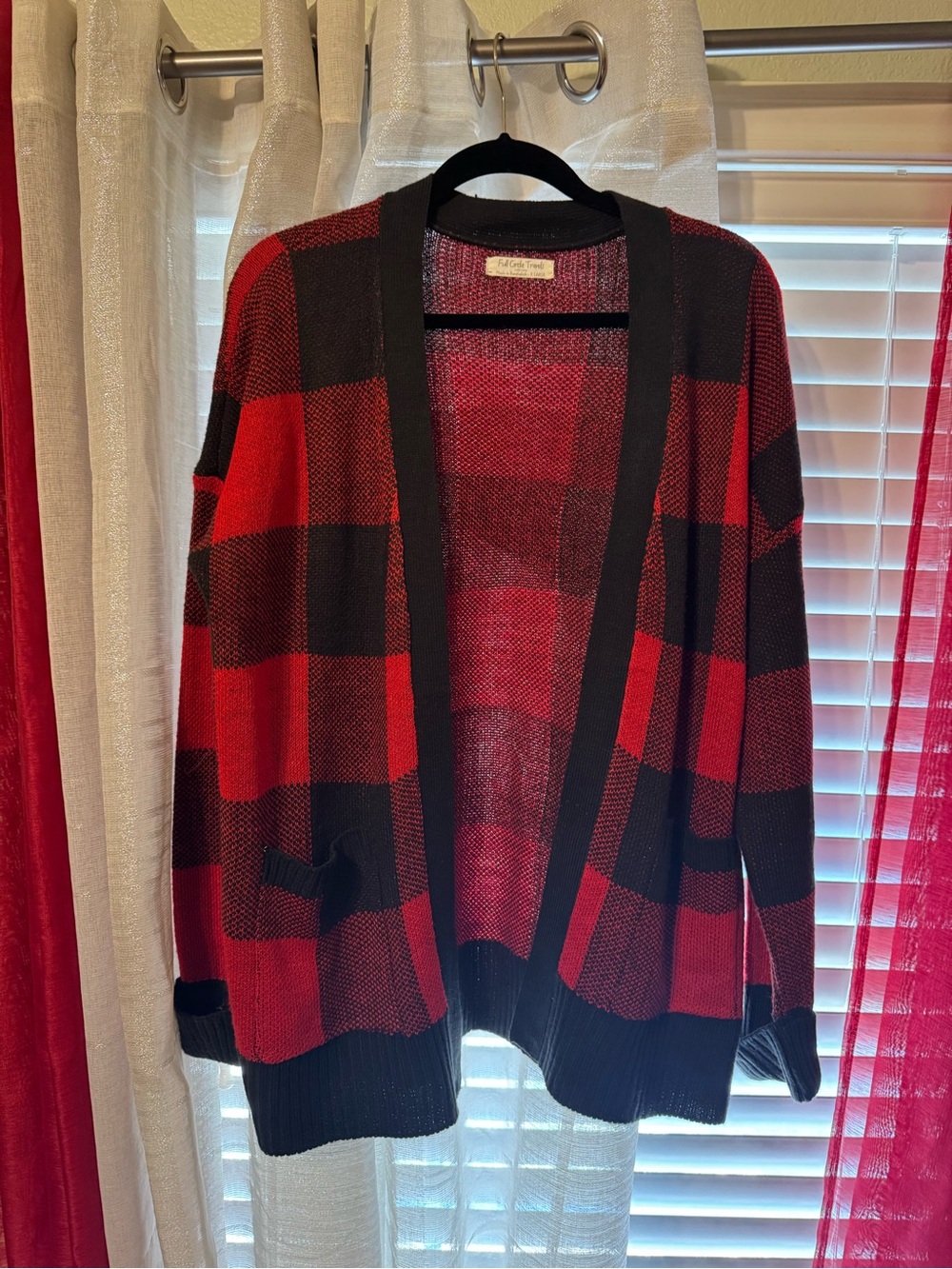 Open-Front Buffalo Plaid Cardigan Sweater - Red/Black